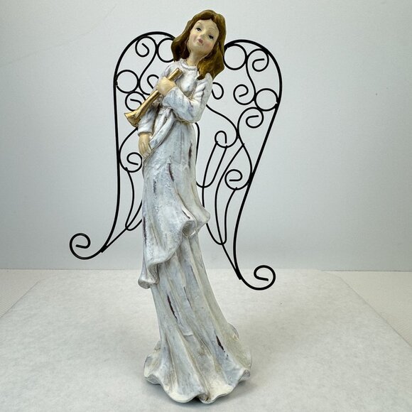 Vintage Rustic White Christmas Angel Figurine With Metal Wings Gold Trumpet 11" - Picture 7 of 10